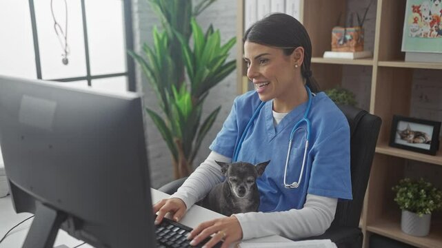 A hispanic woman veterinarian with a chihuahua dog conducts a telehealth consultation in a clinic office.