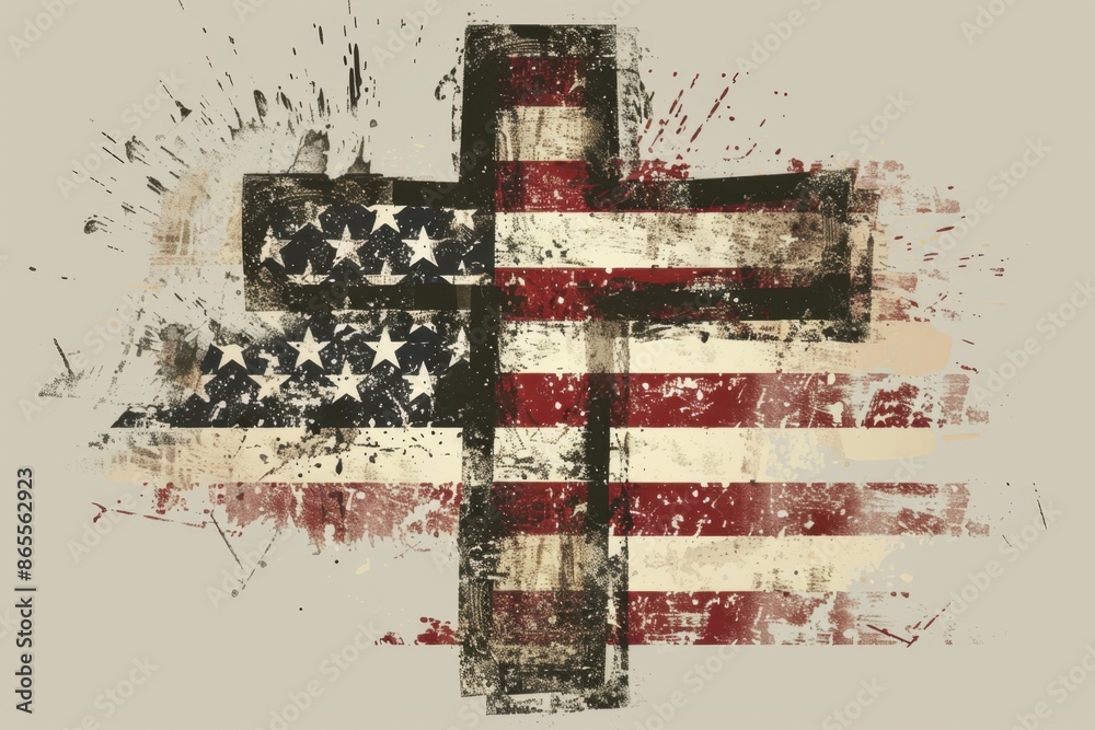 Wall mural a cross with an american flag design, t-shirt clipart graphic, grunge texture background, white blan - Wall murals