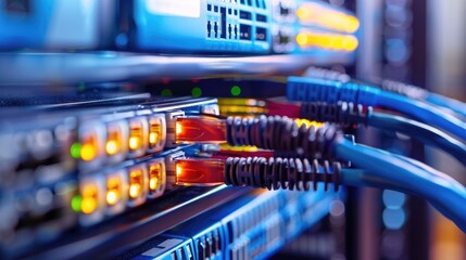 Ethernet cables connecting to switch server rack in university data center organized wires on interface panel with space for copy