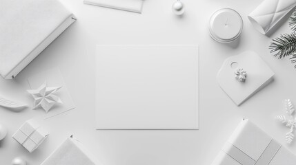 Mock up of a white greeting card with surrounding objects on a white background