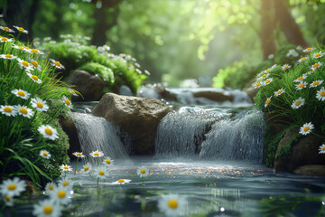 spring landscape with small waterfall cascading over rocks background