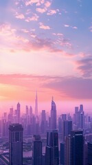 Fototapeta premium Pink and purple sky over city skyscrapers at dusk. Urban landscape and corporate buildings. Perfect for business backgrounds and presentations