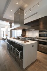 Fototapeta premium Modern Sleek Kitchen Design with Air Conditioner, Island, and Contemporary Appliances for Comfortable Cooking Environment