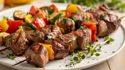 Fototapeta premium Plate of lamb kebabs served with grilled vegetables and a flavorful sauce