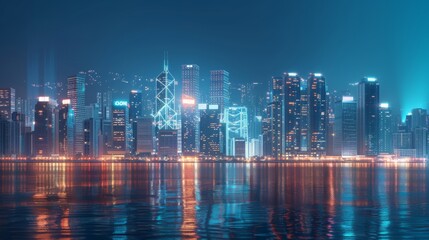 Fototapeta premium Night view of a waterfront cityscape with illuminated skyscrapers reflecting on the water. Modern urban architecture and corporate environment. Perfect for business and travel presentations
