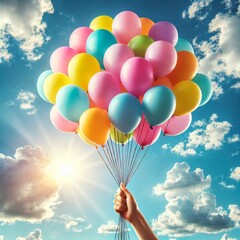 Naklejka premium Hand holding multi colored balloons, blue summer sky.