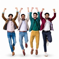 Obraz premium Exuberant Young Men Celebrating Success with Joyful Jump and Fist Pump