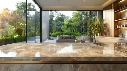Fototapeta premium Marble Kitchen Countertop With View of Lush Greenery