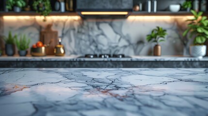 Marble Kitchen Countertop With Blurred Background