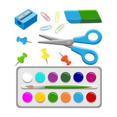 Collection of School Supplies Flat style on white background. Set Vector Illustration Elements Back to School. Stickers for Banner, Poster, Online Education.