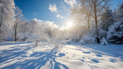 Fototapeta premium Landscape covered in a large amount of freshly fallen snow on a bright sunny day
