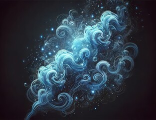 Blue Smoke Swirls with Sparkles on Black Background in Wide Screen