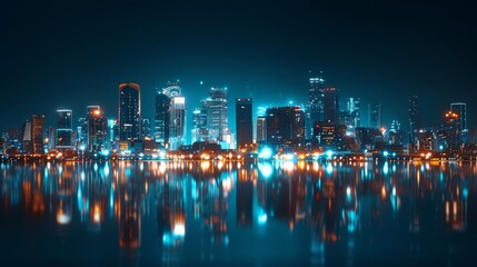 Fototapeta premium Night cityscape with illuminated buildings reflecting on the water. Modern urban architecture and corporate environment. Ideal for business and technology presentations