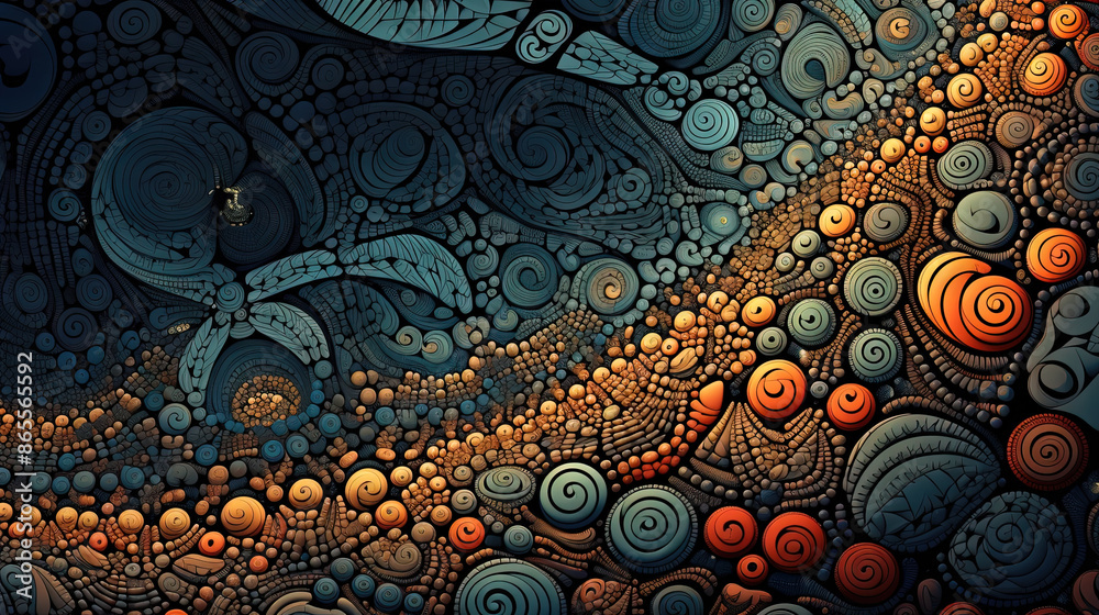 Poster abstract fractal ornament with floral elements and dotted texture.