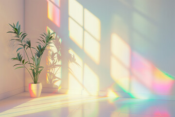 Soft white wall illuminated by a prism glass window, creating a dazzling spectrum of light