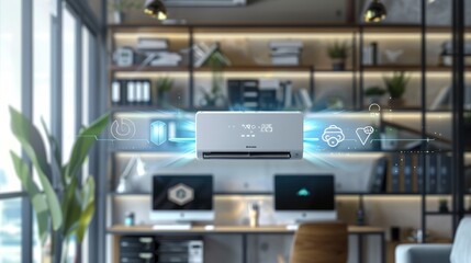 Smart Home Air Conditioner with Integrated Connectivity in a Stylish Home Office