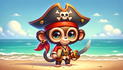A cute monkey pirate character charms with a tiny eyepatch and hat, holding a miniature sword, embodying playful mischief and adventurous spirit, perfect for animated tales and fun storytelling.