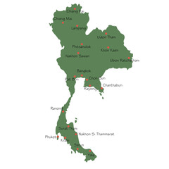 Hand drawn Thailand map with cities. Silhouette, South East Asia geography. Bangkok, Chiang Mai, Phuket. Vector isolated on white background