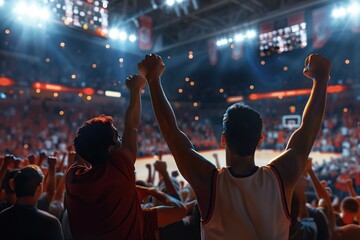 Back view of happy fans on a stadium watching basketball match