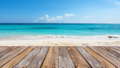 Fototapeta premium Serene Tropical Beach View with Clear Blue Ocean and Wooden Deck