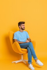 Casual Young Man Sitting in Yellow Armchair on Orange Background, copy space