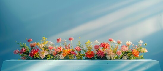 Colorful fresh flowers adorning an empty podium set against a blue backdrop. Ample space for showcasing and creative work. Front view with room for text.