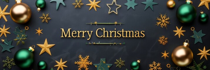 Festive Christmas Banner with Elegant Golden and Green Decorations on Dark Background