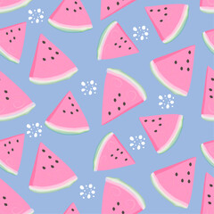 Seamless pattern of a quarter of a watermelon on a blue background