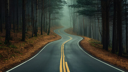 Obraz premium Winding road in the forest with yellow lines on a foggy day.
