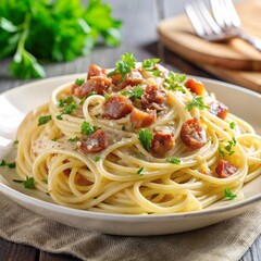 A plate of creamy spaghetti carbonara topped with crispy pancetta and a sprinkle of parmesan, garnished with fresh parsley.