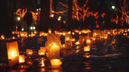 A close-up view of a path illuminated by numerous candles, creating a warm and inviting atmosphere. The candles are arranged in a line, casting flickering light on the ground.