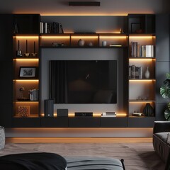 Modern Living Room with TV Unit and Illuminated Shelves
