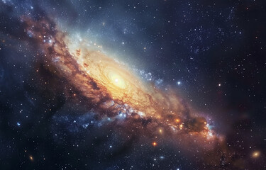 A spiral galaxy with a bright core and dark arms, stars