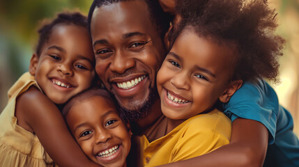 Obraz premium A joyful family portrait with a smiling parent and children sharing a close, affectionate hug.