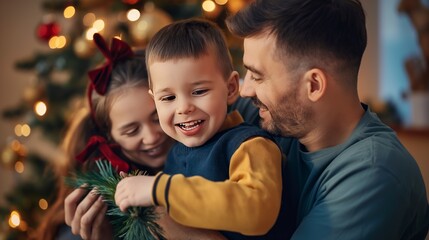 Family enjoying Christmas together at home, decorating the tree with lights and ornaments.