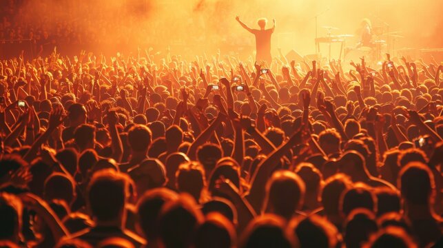 A large crowd of people are cheering at a music concert. The stage lights are shining brightly, illuminating the crowds raised hands. The atmosphere is energetic and exciting.