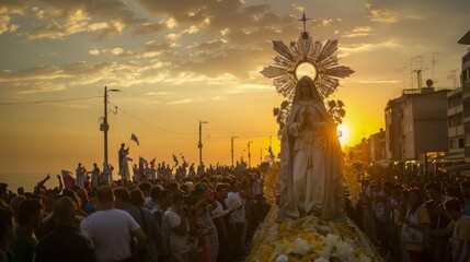 A large crowd gathers for a religious procession as the sun sets in the background. A statue of a woman, possibly the Virgin Mary, is carried on a platform decorated with flowers.