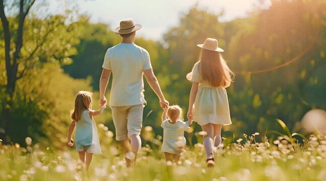 Happy family on summer walk Mother, father and daughter walking in the Park and enjoying beautiful nature.