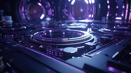 Technology abstract background with hud styled round interface elements in neon tech light.