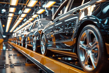 Fototapeta premium Line production of new cars in modern factory