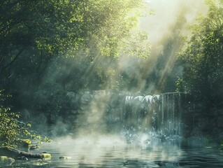 Mystical Waterfall in the Forest.