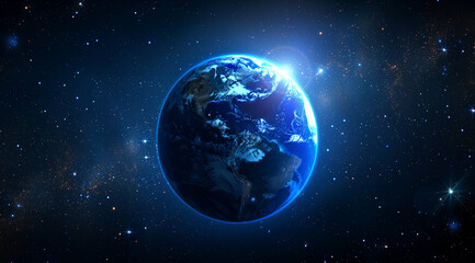 Fototapeta premium background of the earth with blue light rays and stars in space, planet earth with glowing sun star on dark background