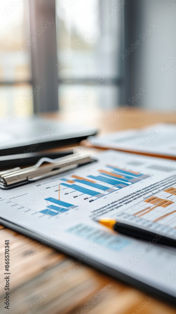 Aufkleber close-up of financial charts and graphs with a pencil and clipboard on a desk. business analysis and