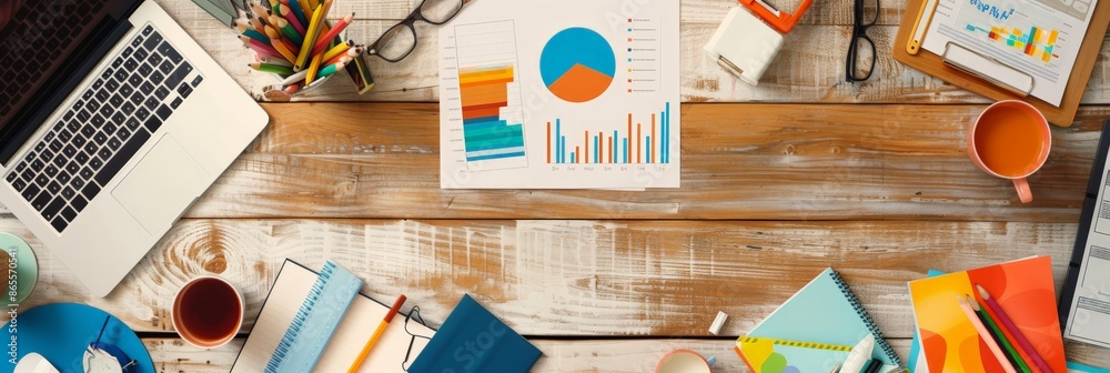 Aufkleber overhead view of a desk with a laptop, financial charts, and colorful stationery. business planning 