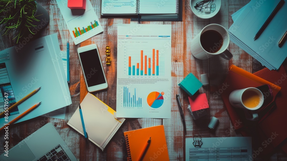 Aufkleber top view of a cluttered desk with financial charts, graphs, and various office supplies. business an