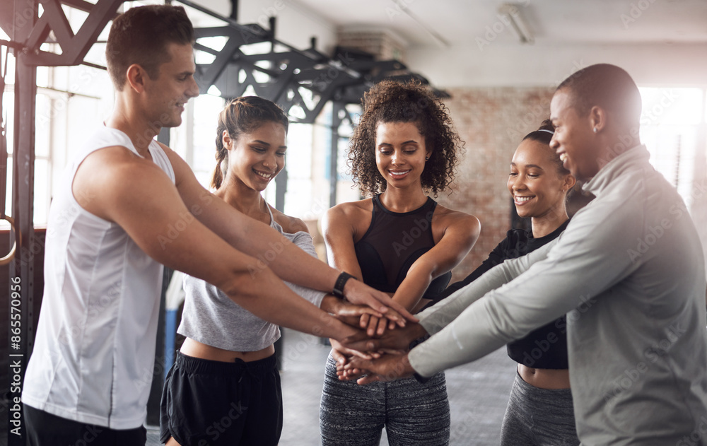 Sticker Fitness, group and hands of people in huddle for gym, diversity and support for workout community. Exercise, solidarity and team building with energy, men and women training together for healthy body