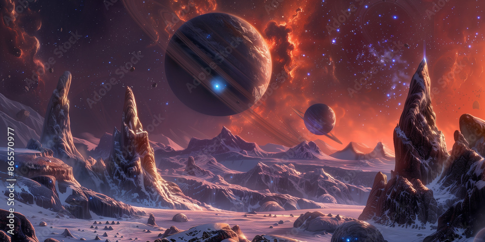 Wall mural three planets in space, one large planet has rings around it, another small planet next to the large
