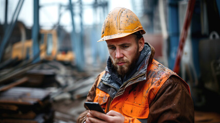 Male construction worker uses a smartphone during a break from work.