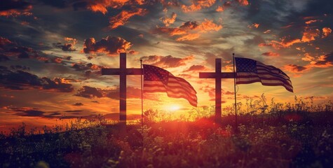crosses and an american flag with the sky in background at sunset Generative AI