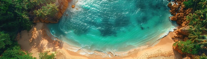 A beautiful beach scene with a green lawn chair on the sand. The chair is facing the ocean and the sky. The beach is surrounded by palm trees and rocks. Scene is peaceful and relaxing